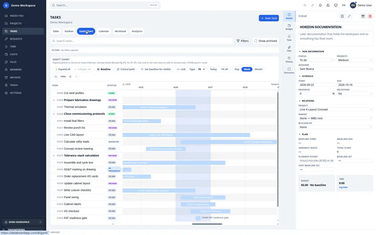 Data Board Tasks Gantt: engineering jobs with Done and Review badges on a working-week timeline, plus a selected task detail pane.